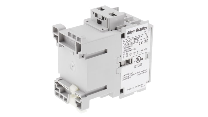 Contattore Allen Bradley 700-CF400EJ, 4 poli, 25 A, bobina 24 V c.c., montaggio su guida DIN, dimensioni 80.5 x 45 x 81 mm.