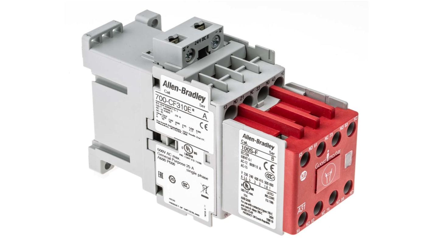 Contattore di sicurezza Allen Bradley 700S-CF620EJC, 8 poli, 3NO + 1NC, 25 A, 24 V c.c., dimensioni 81x45x125.5 mm.
