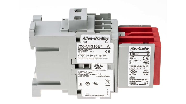 Contattore di sicurezza Allen Bradley 700S-CF620EJC, 8 poli, 3NO + 1NC, 25 A, 24 V c.c., dimensioni 81x45x125.5 mm.