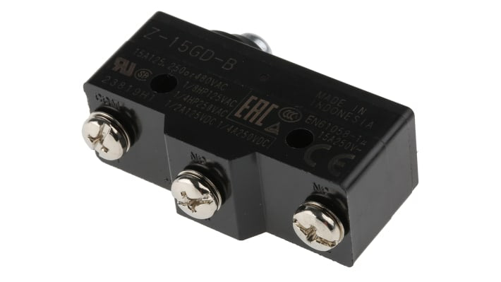 Interruttore di fine corsa Omron Z-15GD-B, stantuffo SPDT, NO/NC, dimensioni 49.2mm x 30.7mm x 17.45mm, grado di protezione IP00.