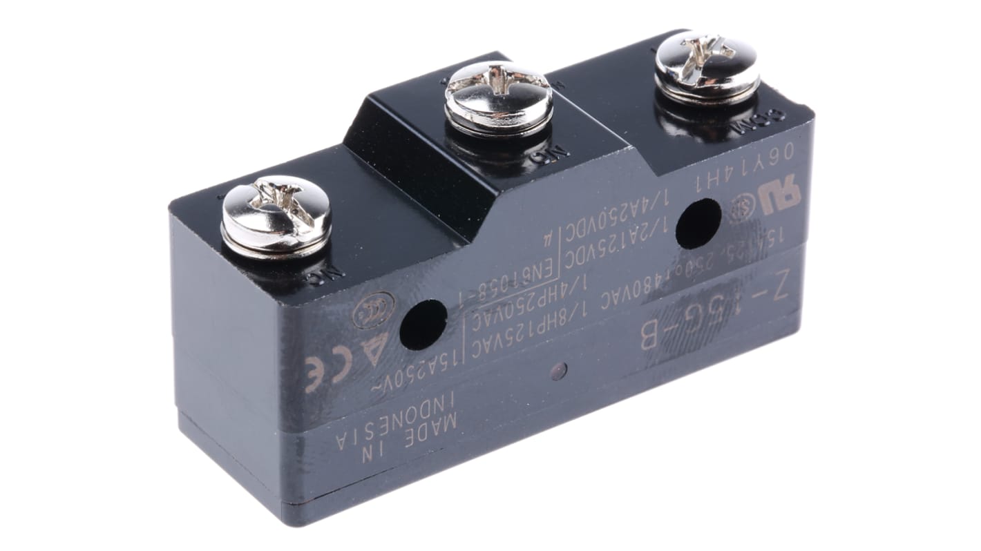Interruttore di fine corsa Omron Z-15G-B, stantuffo NO/NC, 15A, 500V, dimensioni 49,2x25,1x17,45 mm, IP00.