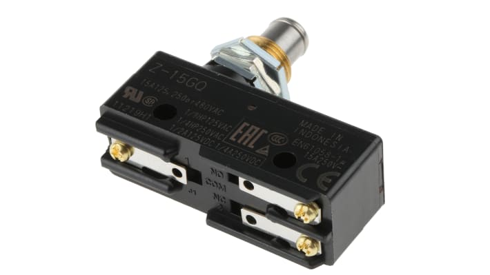 Interruttore di fine corsa Omron Z-15GQ, stantuffo SPDT 15A 500V IP00. Ideale per ambienti non critici.