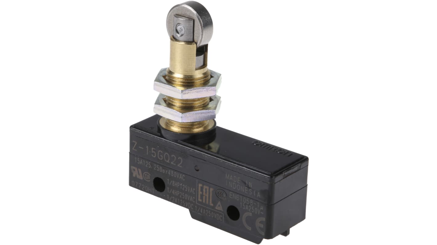 Interruttore di fine corsa Omron Z-15GQ22, tasto a rotella SPDT, contatti NO/NC, dimensioni 49.2 x 58.9 x 17.45 mm.