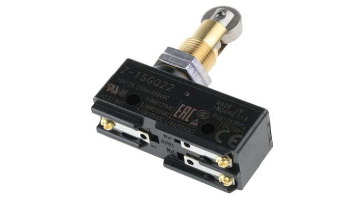 Interruttore di fine corsa Omron Z-15GQ22, tasto a rotella SPDT, contatti NO/NC, dimensioni 49.2 x 58.9 x 17.45 mm.