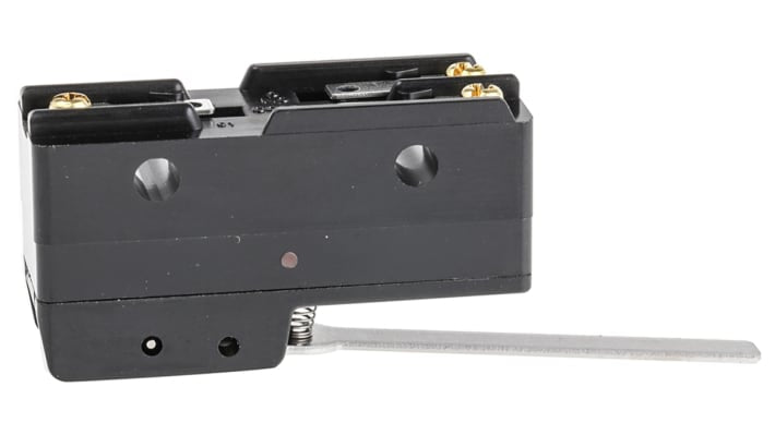 Interruttore di fine corsa Omron Z-15GW, attuatore a leva NO/NC, corrente 15A, dimensioni 49.2mm x 29.4mm x 17.45mm.