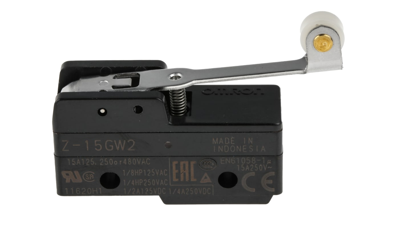 Interruttore di fine corsa Omron Z-15GW2, leva a rullo SPDT, contatti NO/NC, dimensioni 49.2mm x 39.4mm x 17.45mm.