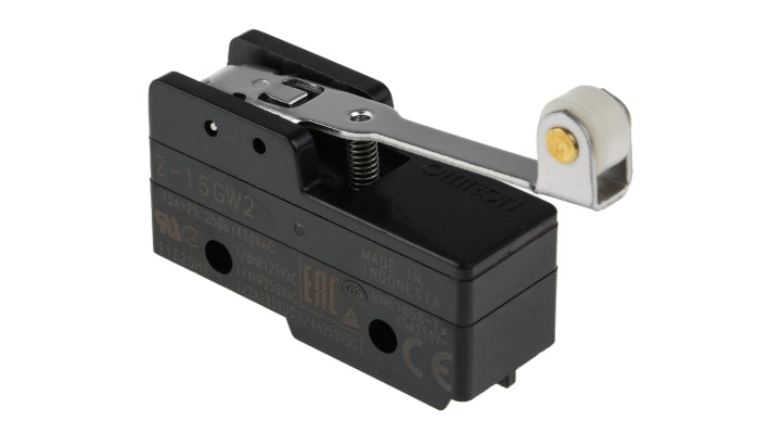 Interruttore di fine corsa Omron Z-15GW2, leva a rullo SPDT, contatti NO/NC, dimensioni 49.2mm x 39.4mm x 17.45mm.