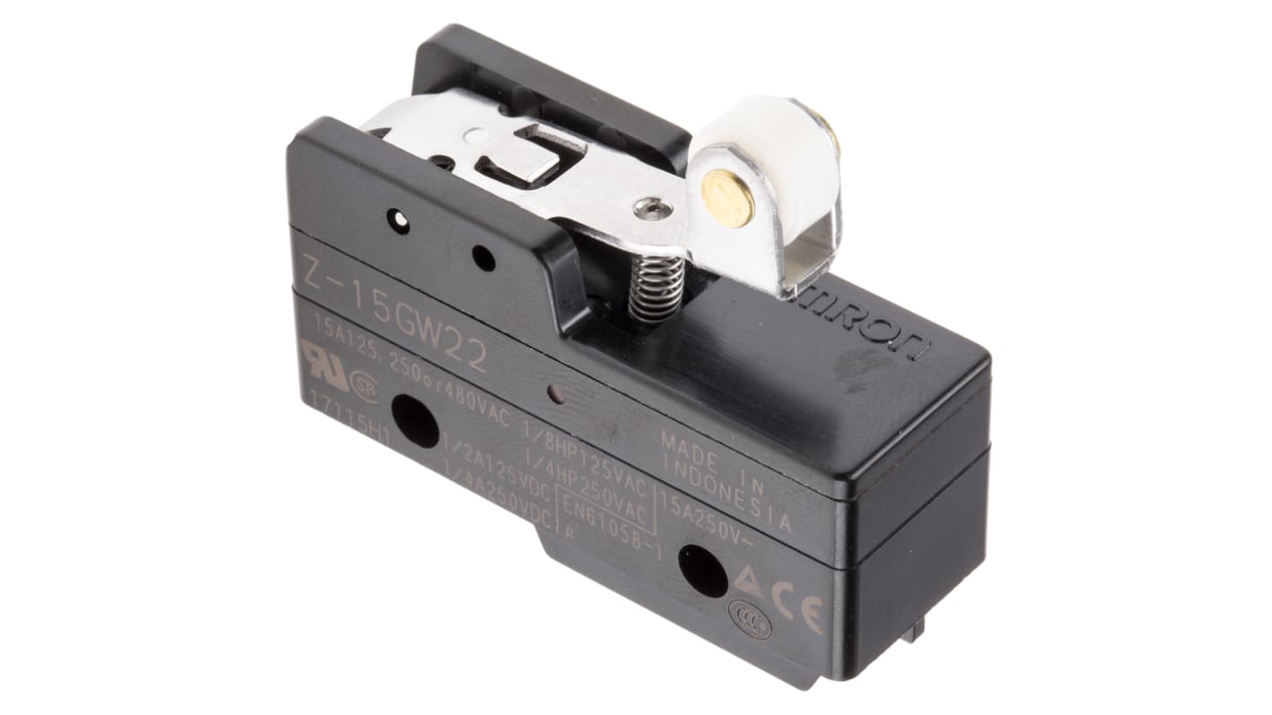 Interruttore di fine corsa Omron Z15GW22 con leva a rullo, configurazione NO/NC, corrente 15A, dimensioni 49.2mm x 39.4mm x 17.45mm.