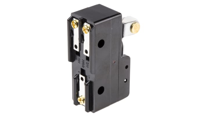 Interruttore di fine corsa Omron Z15GW22 con leva a rullo, configurazione NO/NC, corrente 15A, dimensioni 49.2mm x 39.4mm x 17.45mm.