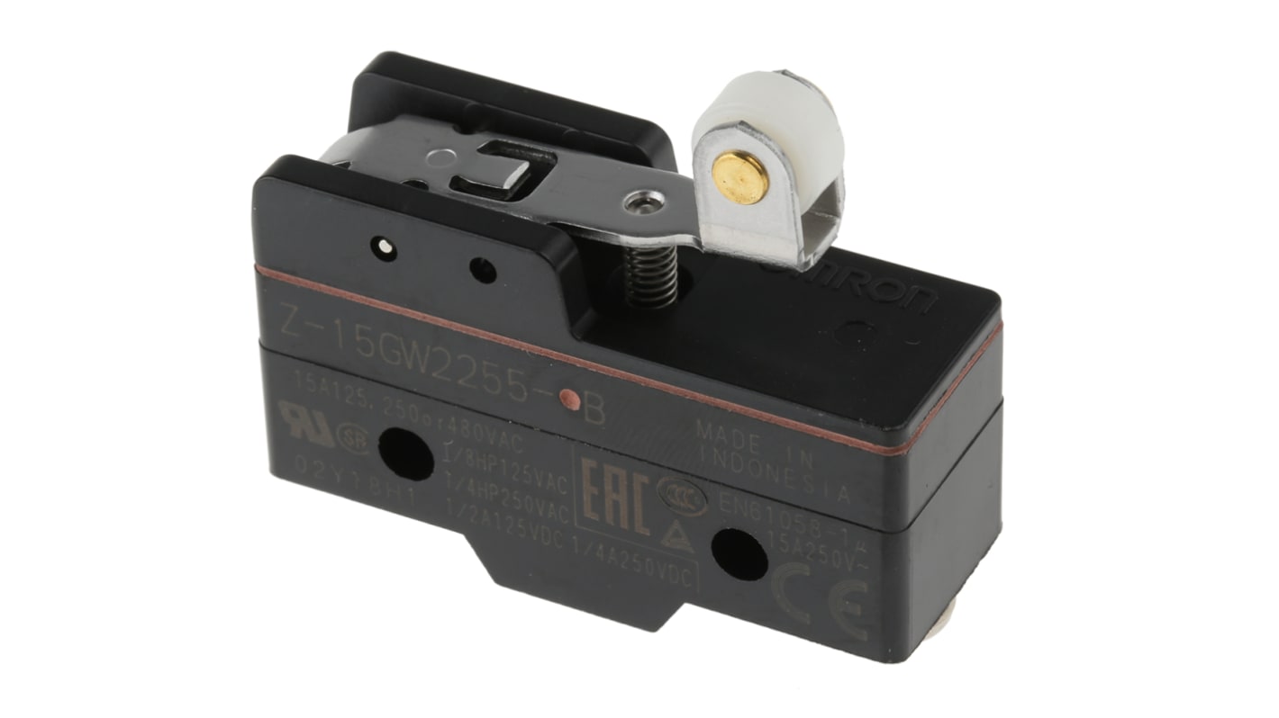 Interruttore di fine corsa Omron Z-15GW2255-B, leva a rullo, SPDT, NO/NC, protezione IP62, dimensioni 49.2mm x 39.4mm x 17.45mm.