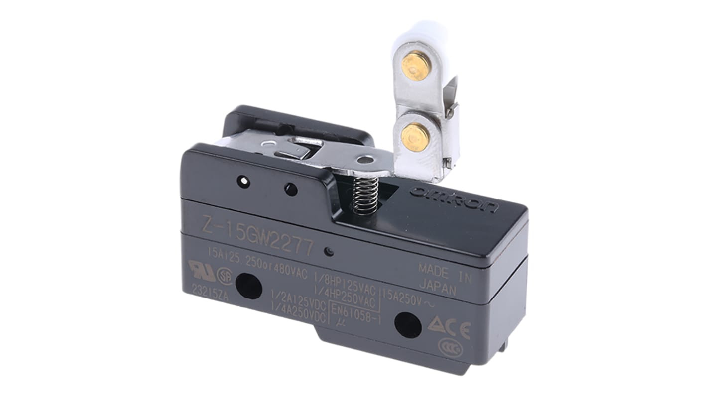 Interruttore di fine corsa Omron Z-15GW2277, leva a rullo, contatti SPDT, protezione IP00, dimensioni 49.2mm x 50.5mm x 17.45mm.