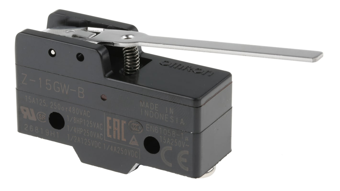 Interruttore di fine corsa Omron Z-15GW-B, attuatore a leva SPDT, contatti NO/NC, dimensioni 49.2mm x 29.4mm x 17.45mm.