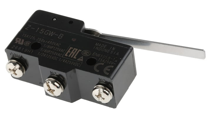 Interruttore di fine corsa Omron Z-15GW-B, attuatore a leva SPDT, contatti NO/NC, dimensioni 49.2mm x 29.4mm x 17.45mm.
