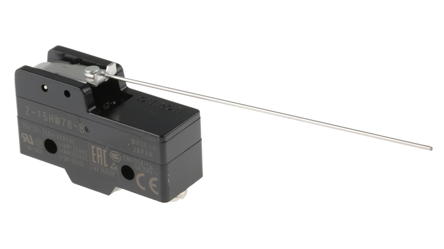 Interruttore di fine corsa Omron Z-15HW78-B, leva SPDT, contatti NO/NC, dimensioni 49.2mm x 32.4mm x 17.45mm.