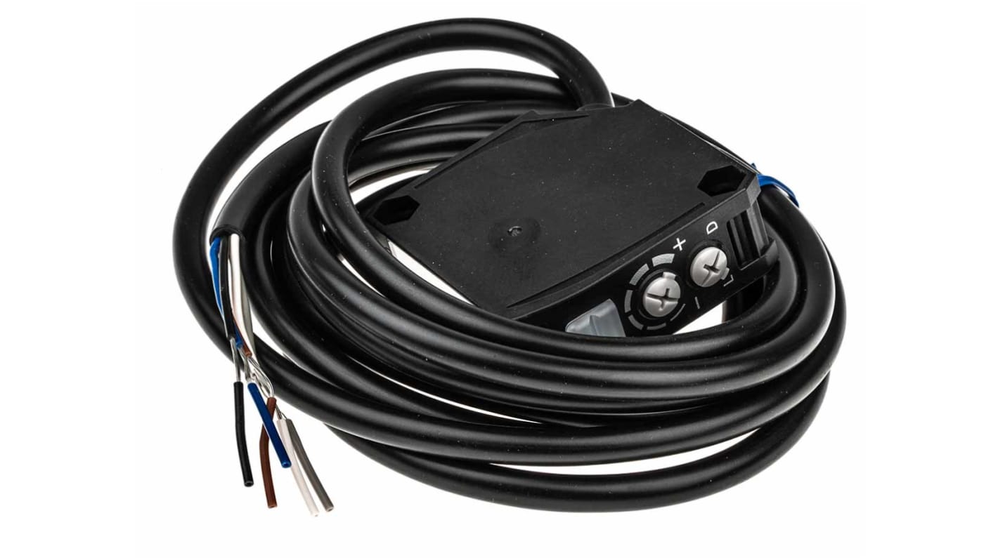 Sensore fotoelettrico rettangolare Omron E3JK-DR12 2M, rilevamento fino a 300 mm, uscita a relè, grado di protezione IP64.