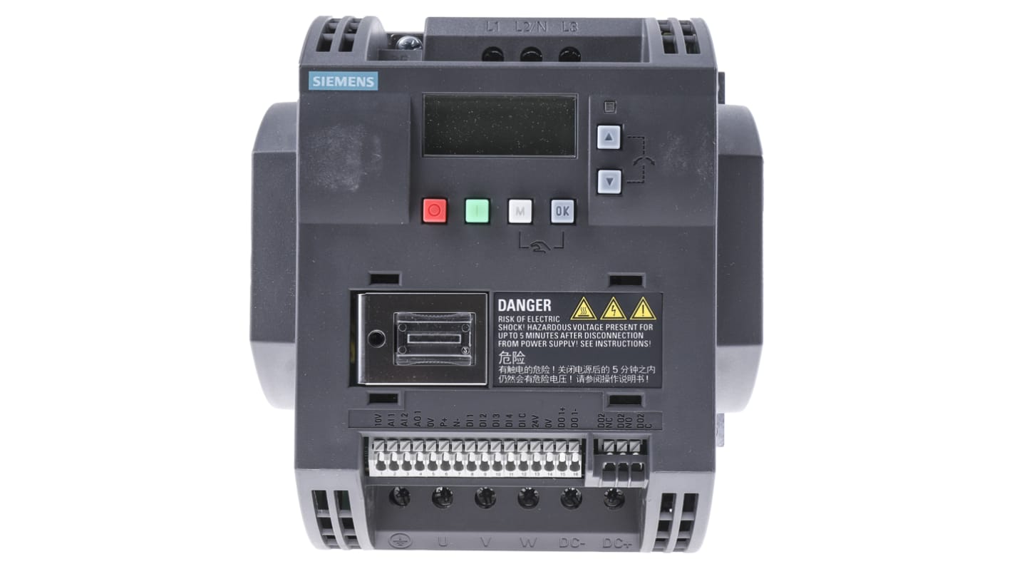 Inverter Siemens 4 kW, 400 V c.a., 3 fasi, 0-550Hz - Serie SINAMICS V20 (6SL3210-5BE24-0UV0) per sistemi HVAC e motori.