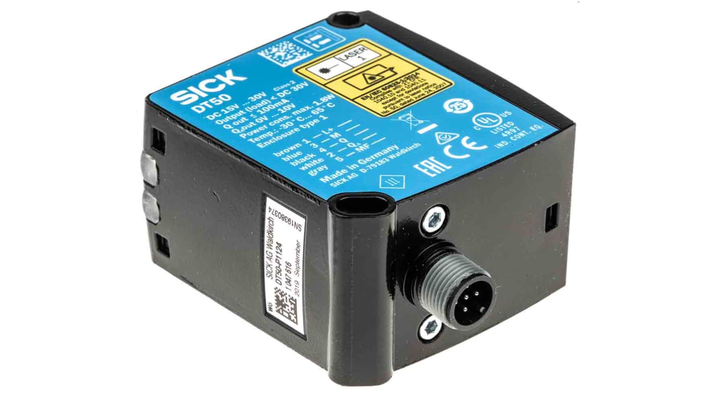 Sensore di distanza Sick DT50-P1124, rettangolare, rilevamento 200 mm a 10 m, montaggio a pannello, IP65, 30V.