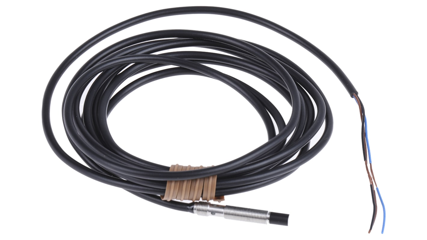 Sensore di prossimità cilindrico NPN Omron E2E-S05N03-WC-C1 2M, diametro 5 mm, rilevamento a 3 mm, IP67, acciaio inox.