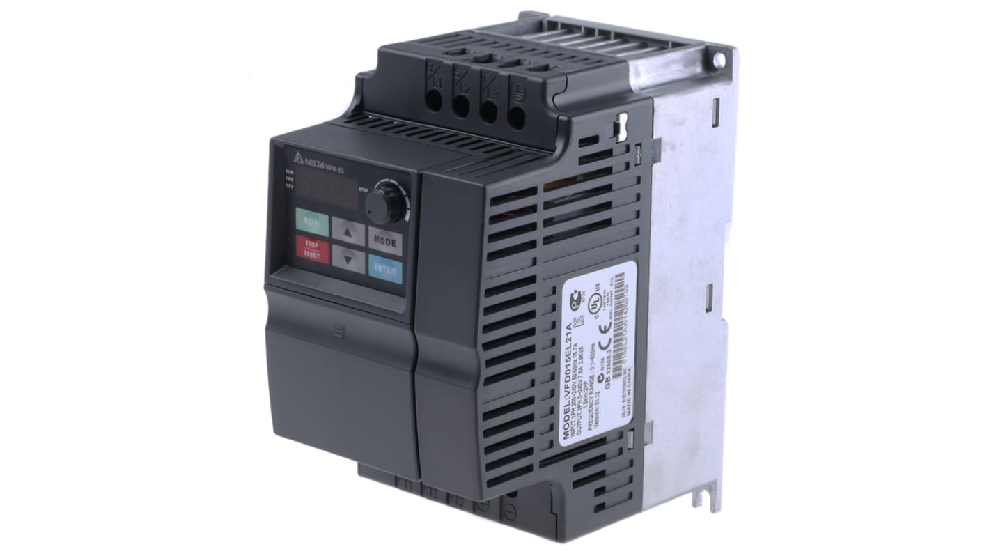 Inverter monofase 1,5 kW, 230 V c.a., frequenza 0-600Hz. Ideale per pompe, ventole e nastri trasportatori. Filtro EMI, protezione sovraccarichi e controllo PID. Delta Electronics - VFD015EL21A.