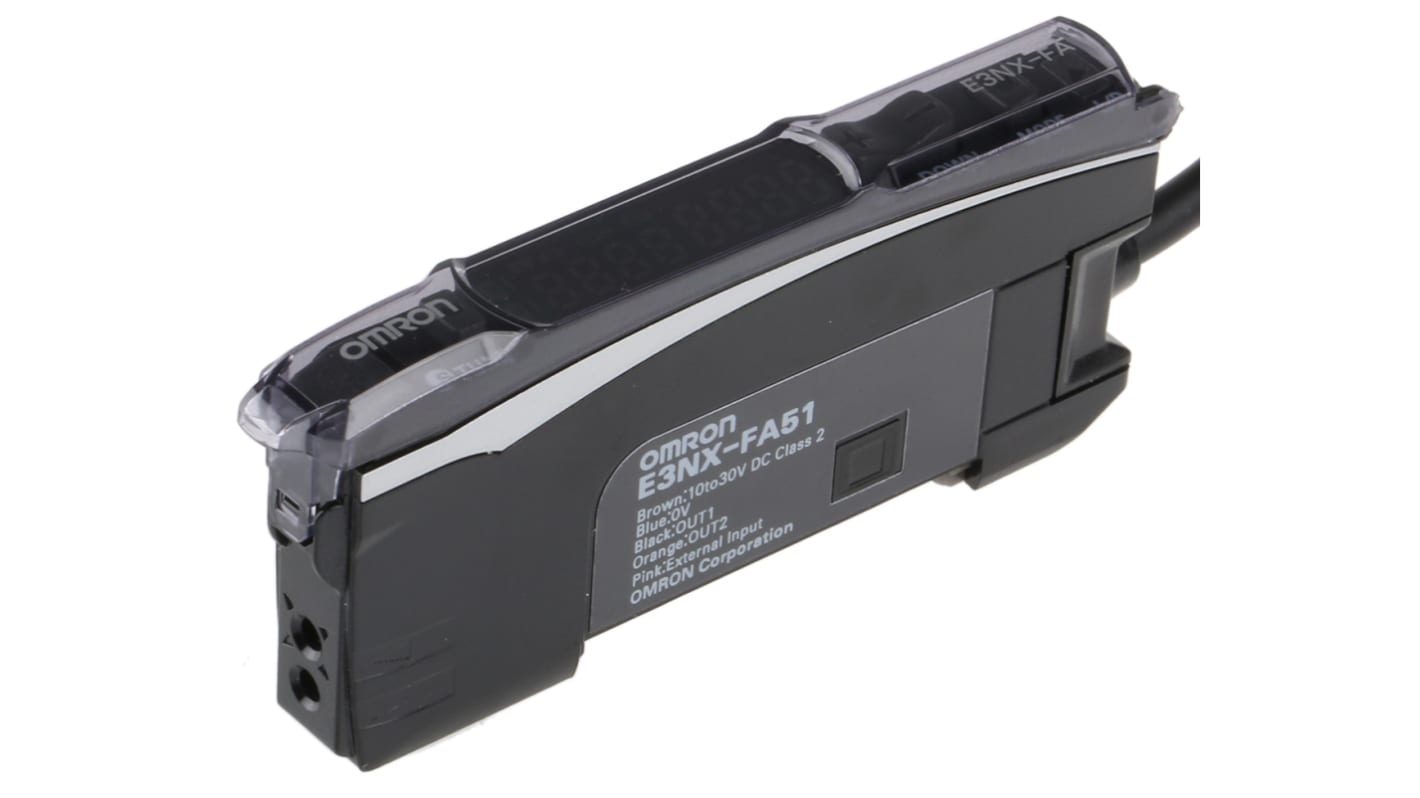 Sensore PNP precablato Omron E3NX-FA51 2M, LED rosso, 10-30 V c.c., dimensioni 104,8 x 27,8 x 10 mm.