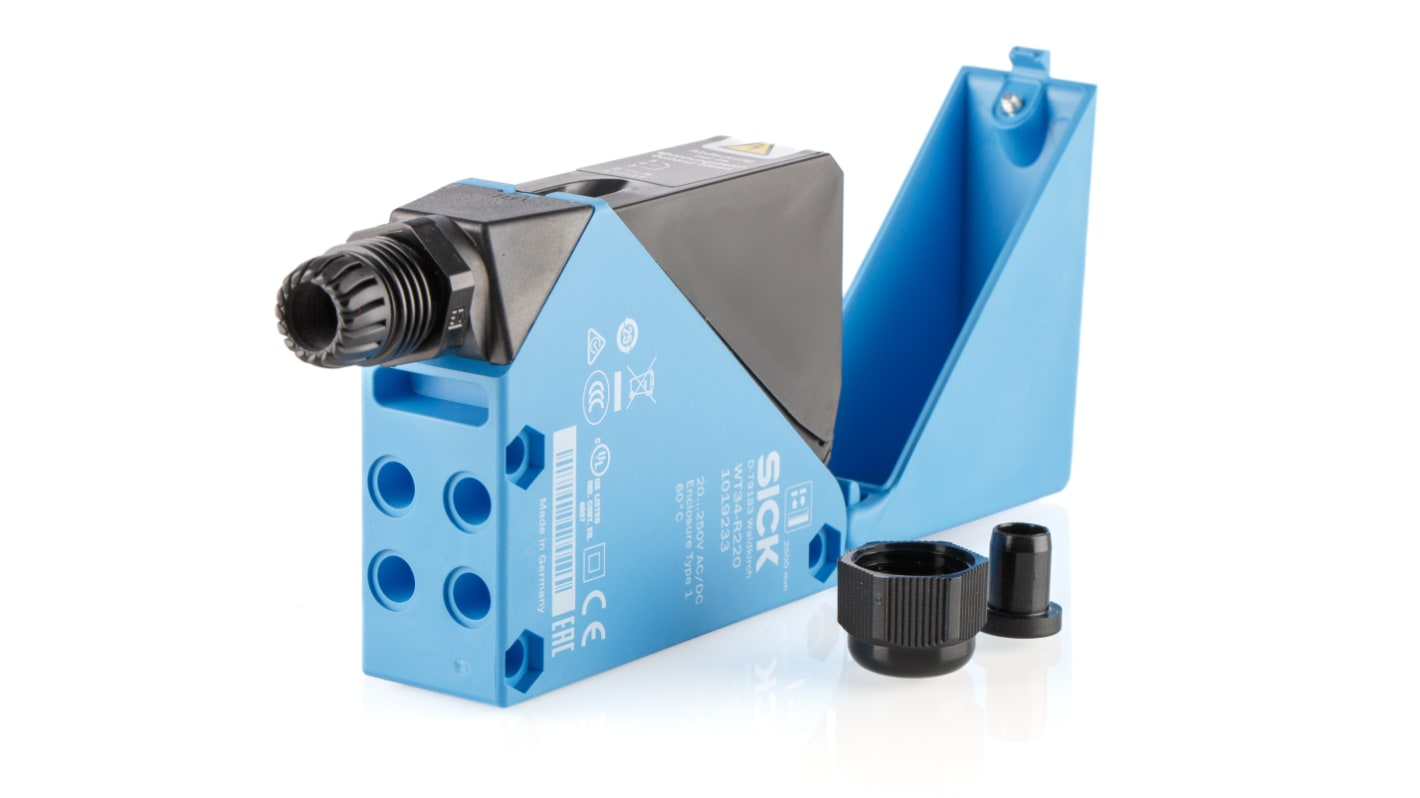 Sensore fotoelettrico rettangolare Sick WT34-R220, gamma di rilevamento 100 mm a 2,5 m, montaggio a pannello, dimensioni 27 mm x 92 mm x 70 mm.