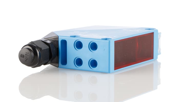 Sensore fotoelettrico rettangolare Sick WT34-R220, gamma di rilevamento 100 mm a 2,5 m, montaggio a pannello, dimensioni 27 mm x 92 mm x 70 mm.