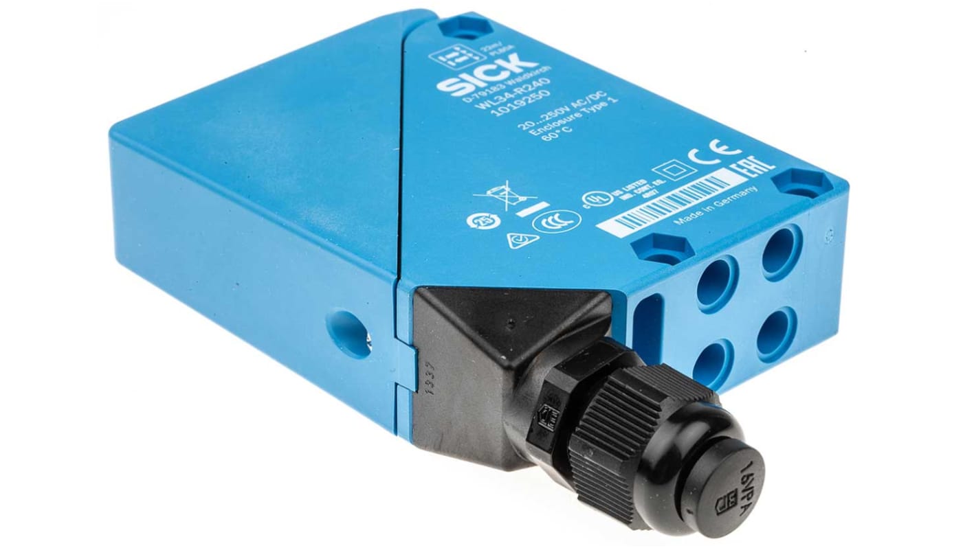 Sensore fotoelettrico rettangolare Sick WL34-R240, rilevamento 30 mm a 22 m, montaggio a pannello, dimensioni 27x92x70 mm.