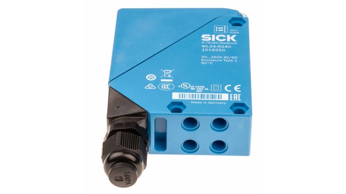 Sensore fotoelettrico rettangolare Sick WL34-R240, rilevamento 30 mm a 22 m, montaggio a pannello, dimensioni 27x92x70 mm.