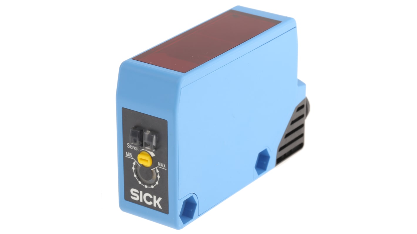 Sensore fotoelettrico rettangolare Sick WL250-2P2431, rilevamento 100 mm a 15 m, uscita PNP, IP67, connettore M12 a 4 pin.