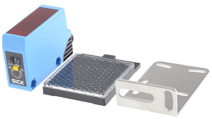 Sensore fotoelettrico rettangolare Sick WL250-2P2431, rilevamento 100 mm a 15 m, uscita PNP, IP67, connettore M12 a 4 pin.