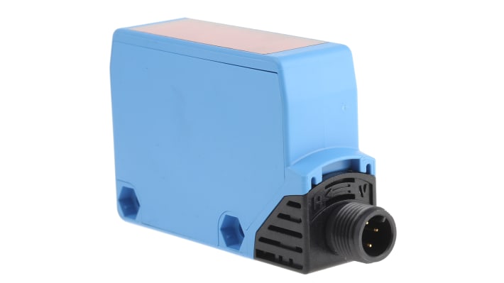 Sensore fotoelettrico rettangolare Sick WL250-2P2431, rilevamento 100 mm a 15 m, uscita PNP, IP67, connettore M12 a 4 pin.