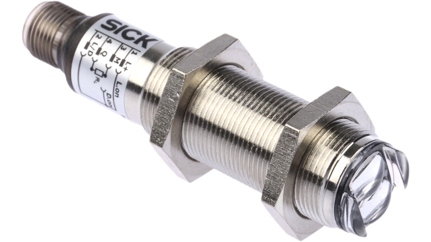 Sensore fotoelettrico cilindrico a retroriflessione Sick VL18-4P3240, gamma di rilevamento 50 mm a 3,7 m, montaggio filettato.