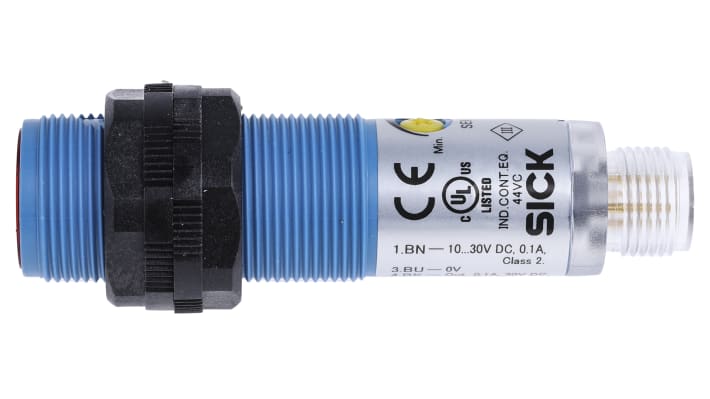 Sensore fotoelettrico cilindrico Sick VL180-2P42436, retro-riflettente, gamma 50 mm a 7 m, IP67, alimentazione 10-30V CC.