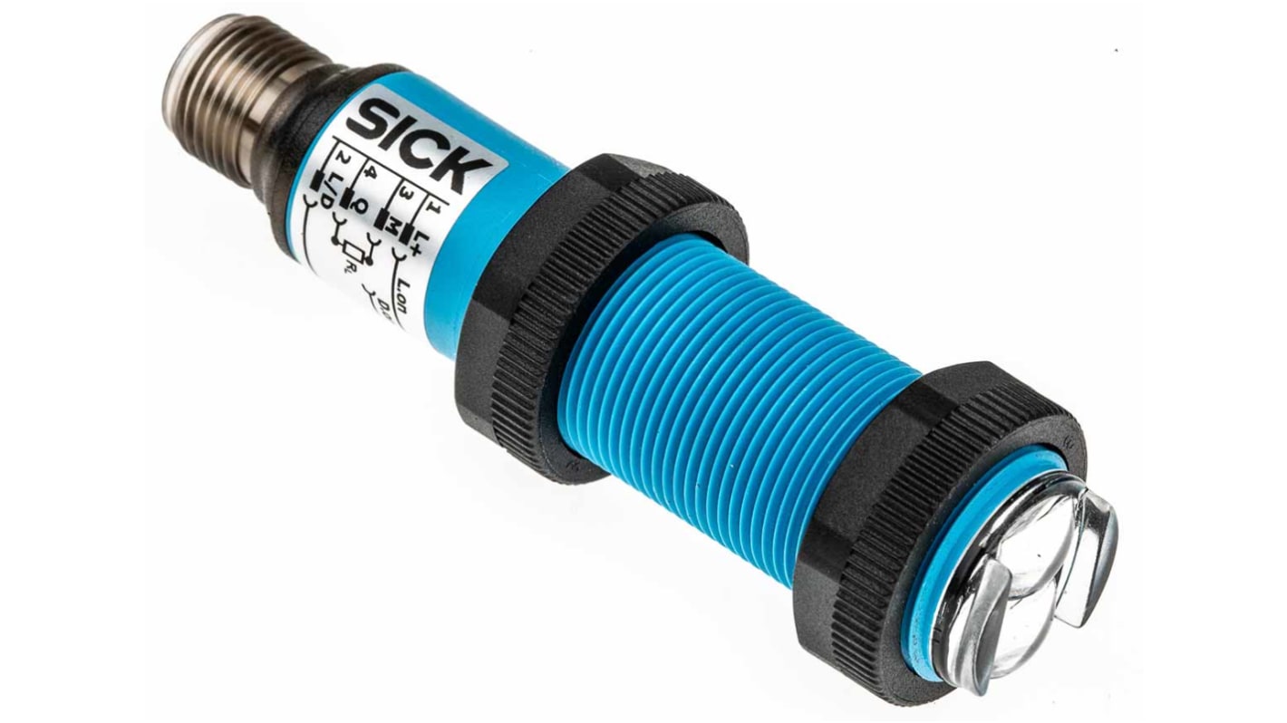 Sensore fotoelettrico cilindrico Sick VL18-4P3640 a retroriflessione, rilevamento 50 mm a 3,7 m, montaggio filettato, IP67.