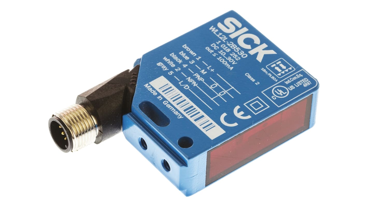 Sensore fotoelettrico rettangolare Sick WL12L-2B530, rilevamento fino a 18 m, uscita NPN/PNP, montaggio a pannello, IP67/IP69K.