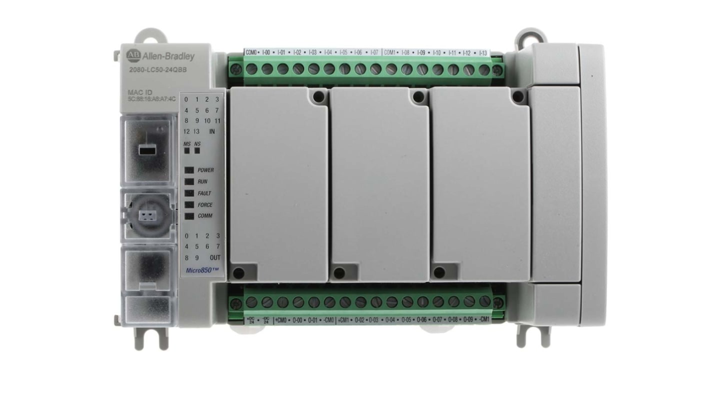 Allen Bradley 2080-LC50-24QBB, CPU PLC Micro850, 14 ingressi, 10 uscite, montaggio su guida DIN, dimensioni 158 x 90 x 80 mm.