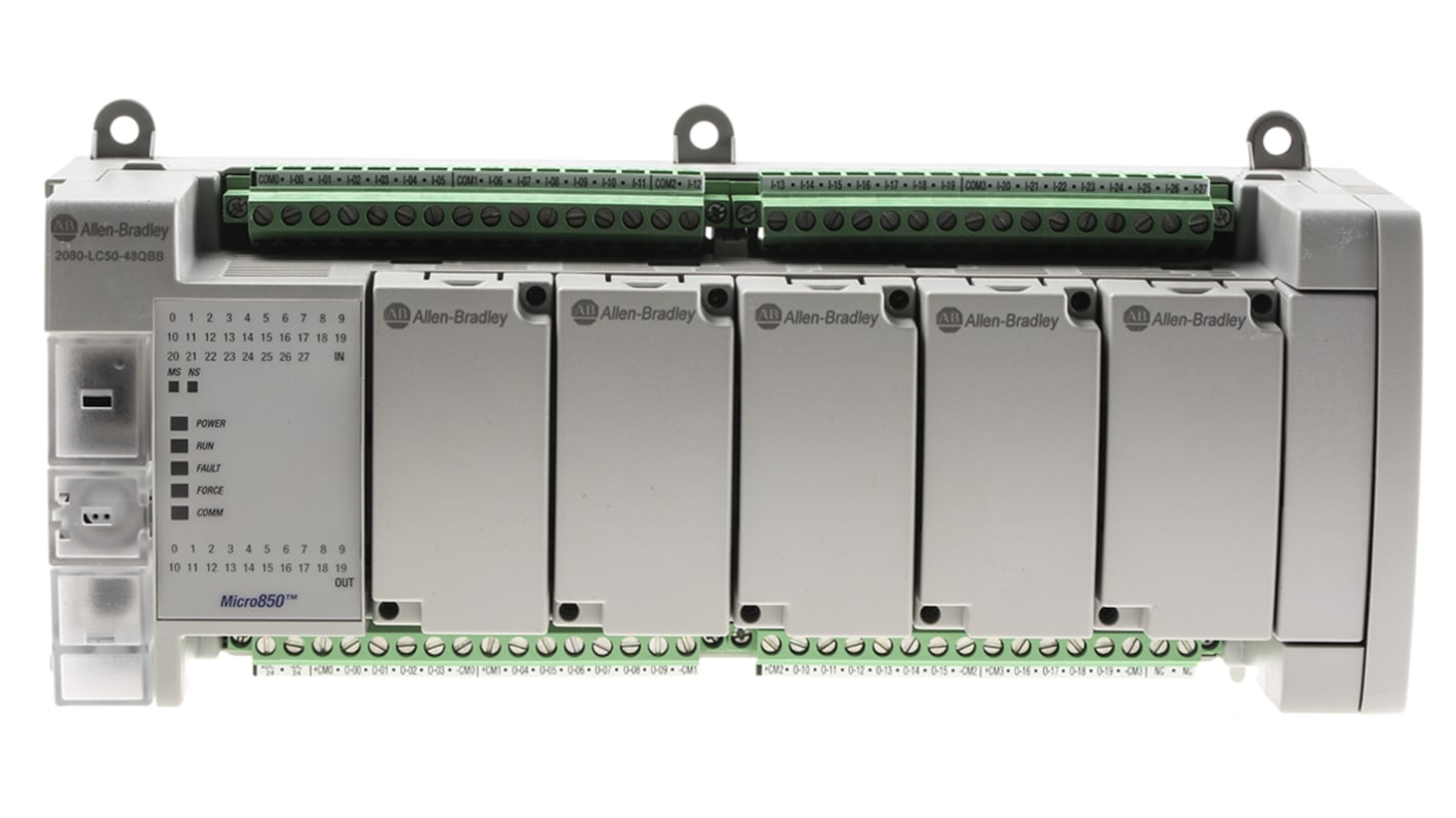 Allen Bradley 2080-LC50-48QBB, CPU PLC Micro850, 28 ingressi, 20 uscite, montaggio su guida DIN, dimensioni 238 x 90 x 80 mm.