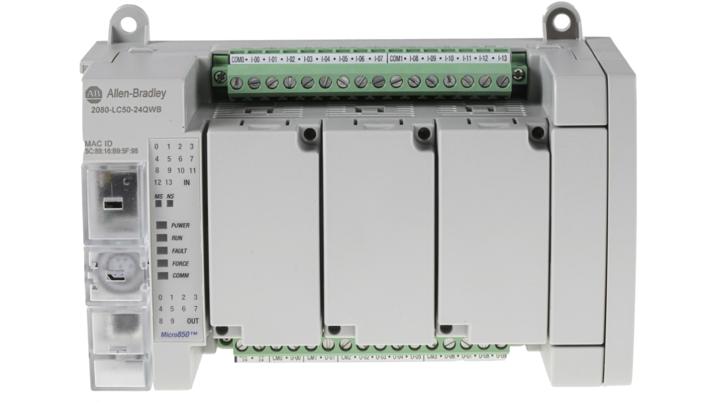 Allen Bradley 2080-LC50-24QWB, CPU PLC Micro850, 14 ingressi digitali, montaggio su guida DIN, dimensioni 158 x 90 x 80 mm.