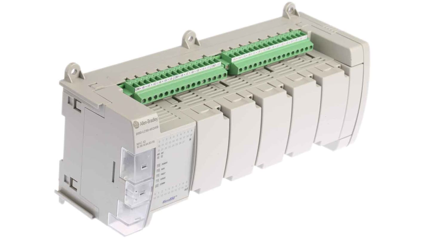 Allen Bradley 2080-LC50-48QWB, CPU PLC Micro850, 28 ingressi, 20 uscite, montaggio su guida DIN, dimensioni 238 x 90 x 80 mm.