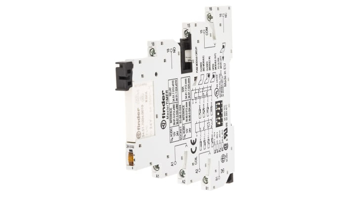 Finder 39.81.0.024.0060, relè d'interfaccia SPDT per guida DIN, 24V, dimensioni 90.7 x 6.2 x 94.3 mm, IP 20.