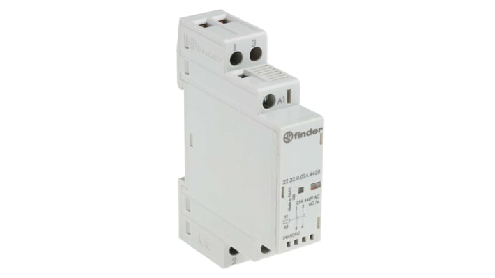 Contattore Finder 22.32.0.024.4420, 2 poli, 25 A, montaggio su guida DIN, dimensioni 17.5 mm x 60.8 mm, 24 V.