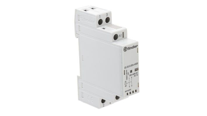 Contattore Finder 22.32.0.024.4320, 2 poli, 25 A, bobina 24 V, montaggio su guida DIN 35 mm, dimensioni 17.5 mm x 60.8 mm.