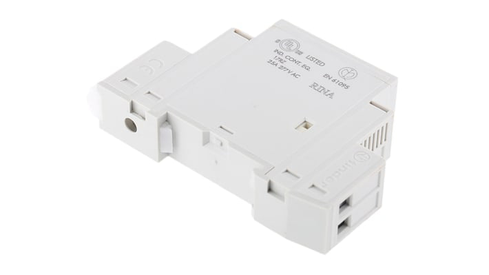 Contattore Finder 22.32.0.230.4320, 2 poli, 25 A, bobina 240 V CA, montaggio su guida DIN 35 mm, dimensioni 17.5 mm x 60.8 mm.