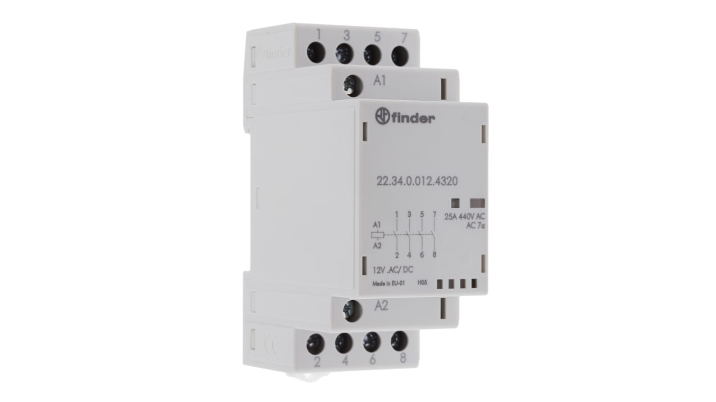 Contattore Finder 22.34.0.012.4320, 4 poli, 25 A, bobina 12 V, montaggio su guida DIN, temperatura operativa -20/+50 °C.