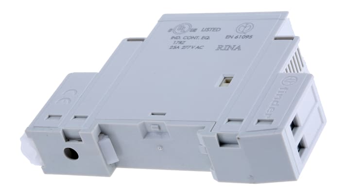 Contattore Finder 22.32.0.230.4520, 2 poli, 25 A, bobina 240 V CA, montaggio su guida DIN 35 mm, dimensioni 17.5 x 60.8 mm.