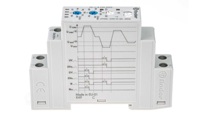 Finder 70.11.8.230.2022, relè di monitoraggio tensione SPDT, per applicazioni monofase e trifase, montaggio su guida DIN.