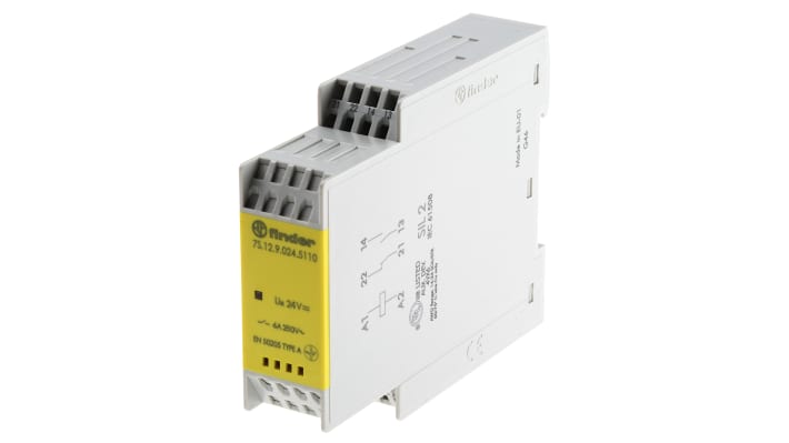 Finder 7S.12.9.024.5110, modulo relè SPDT 24V cc per guida DIN, dimensioni 78.8mm x 100.3mm x 22.5mm.