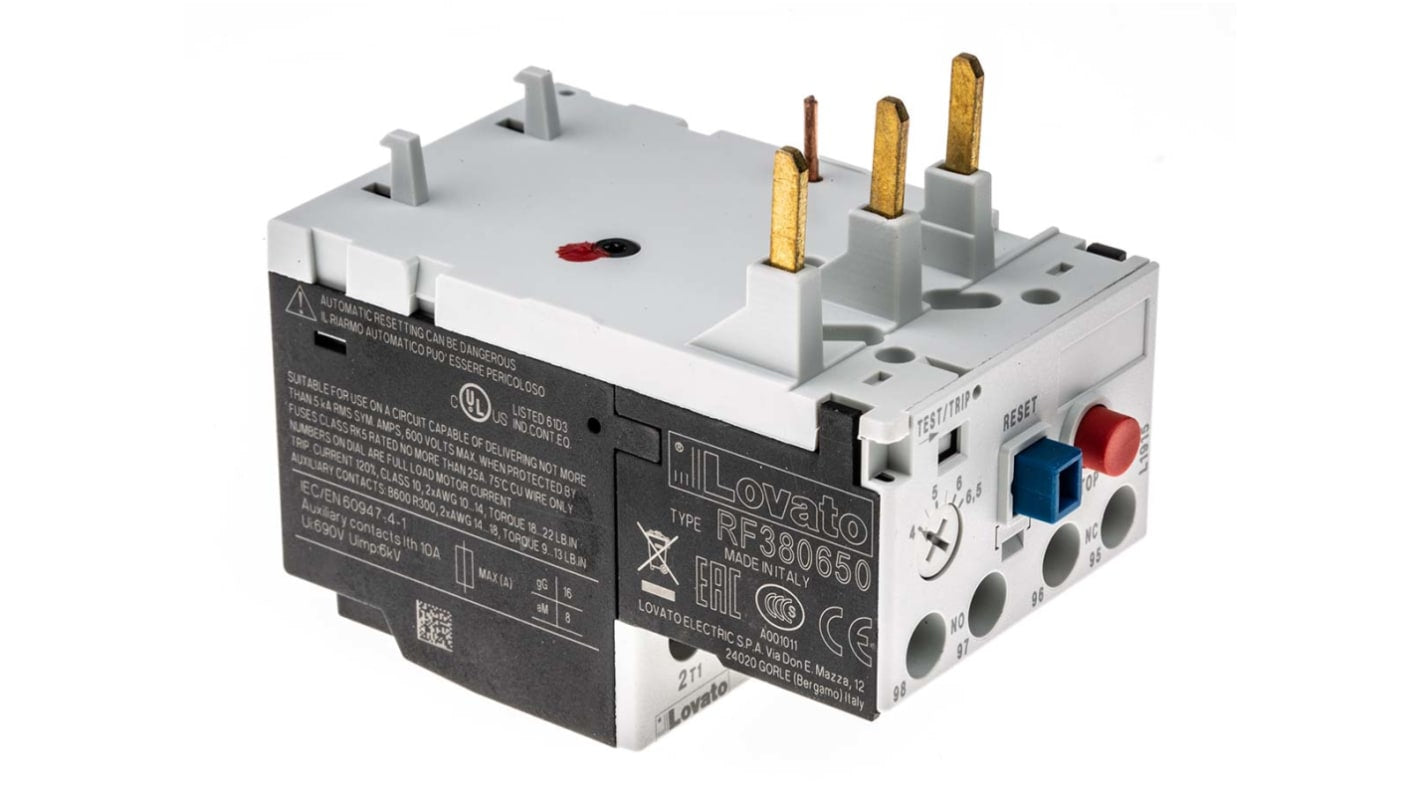 Relè di sovraccarico termico Lovato RF380650, 1 NC/1 NA, montaggio su contattori BF09-BF38, dimensioni 134,8 x 45 x 90 mm.