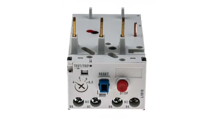 Relè di sovraccarico termico Lovato RF380650, 1 NC/1 NA, montaggio su contattori BF09-BF38, dimensioni 134,8 x 45 x 90 mm.