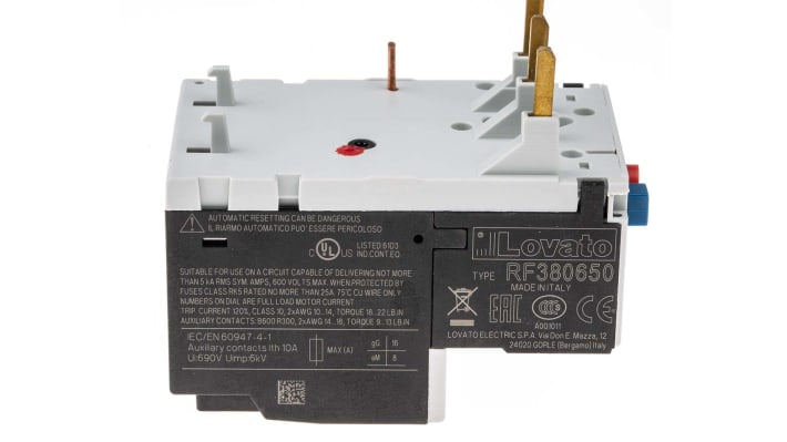 Relè di sovraccarico termico Lovato RF380650, 1 NC/1 NA, montaggio su contattori BF09-BF38, dimensioni 134,8 x 45 x 90 mm.